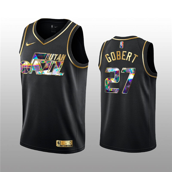 Men's Utah Jazz #27 Rudy Gobert 2021/22 Black Golden Edition 75th Anniversary Diamond Logo Stitched Basketball Jersey Men's Utah Jazz #27 Rudy Gobert 2021/22 Black Golden Edition 75th Anniversary Diamond Logo Stitched Basketball Jersey